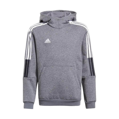 Grey Adidas hoodie featuring white shoulder stripes, black mesh sleeve panels, and a central kangaroo pocket.