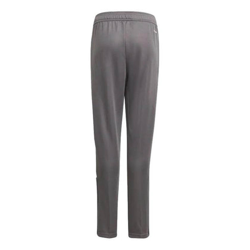 Rear view of grey, straight-leg athletic pants with an elastic waistband.