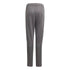 Rear view of grey, straight-leg athletic pants with an elastic waistband.