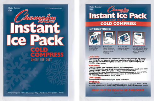 A product image showing the front and back packaging of a Champion Sports Instant Ice Pack. The front features a blue background with white and red text and large snowflake graphics. The back includes a four-step illustrated instruction guide, followed by