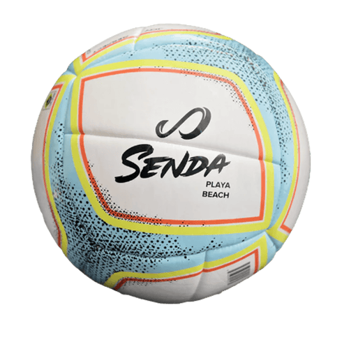A Senda Playa Beach Soccer Ball with light blue, white, yellow, and orange panels, featuring the black Senda logo and "Playa Beach" text.