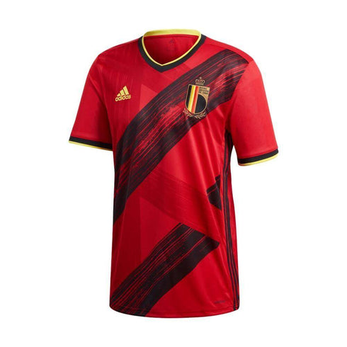 A red Adidas Belgium home football jersey with black brushstroke-style diagonal stripes, a gold team crest, and yellow trim on the collar and sleeves.