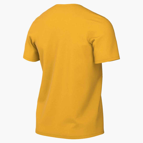 The back view of a plain, mustard yellow short-sleeve crew neck t-shirt shown from a three-quarter perspective on a white background.