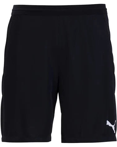 A pair of black athletic shorts featuring a white Puma logo on the lower left leg.