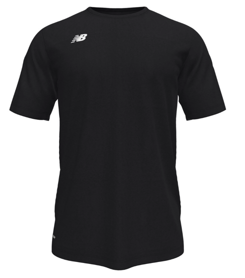 A black short-sleeved crewneck t-shirt featuring a small white New Balance logo on the upper chest.