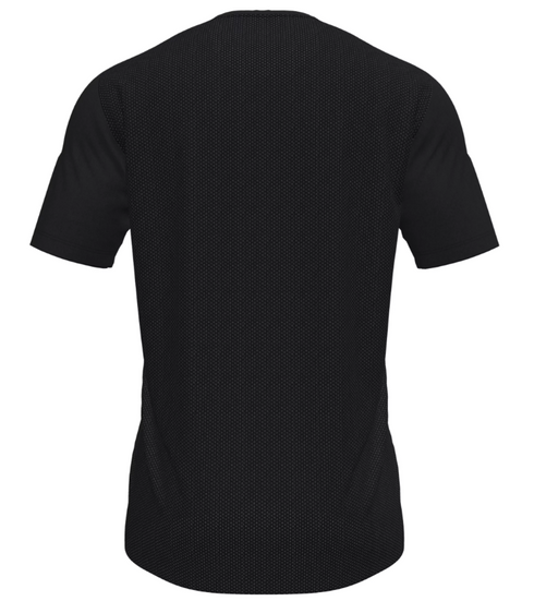 Back view of a black short-sleeved athletic t-shirt with a textured mesh body and smooth sleeves.