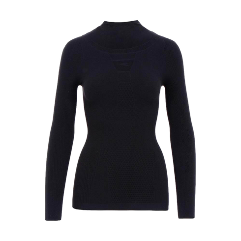 A black, long-sleeved mock-neck top featuring textured, seamless mesh panels on the chest and torso.