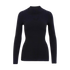 A black, long-sleeved mock-neck top featuring textured, seamless mesh panels on the chest and torso.