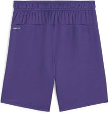 Rear view of dark purple athletic shorts with an elastic waistband and a "dryCELL" logo on the left hip.