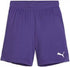 A pair of purple Puma athletic shorts with an elastic waistband and a white logo on the lower right leg.