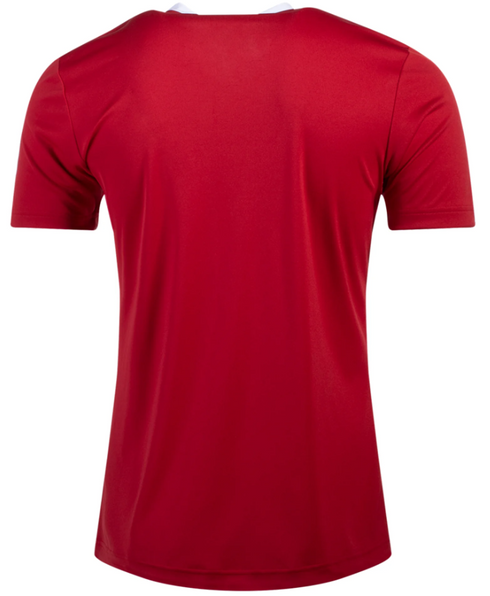 Back view of a solid red short-sleeved t-shirt with a hint of a white collar.
