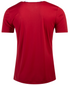 Back view of a solid red short-sleeved t-shirt with a hint of a white collar.