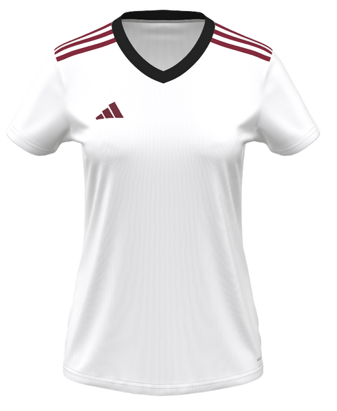 White short-sleeved Adidas jersey featuring maroon stripes on the shoulders, a maroon logo on the right chest, and a black V-neck collar.