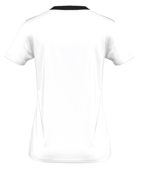 Back view of a white short-sleeved t-shirt mockup with a black crew-neck collar and thin red accents along the shoulders.
