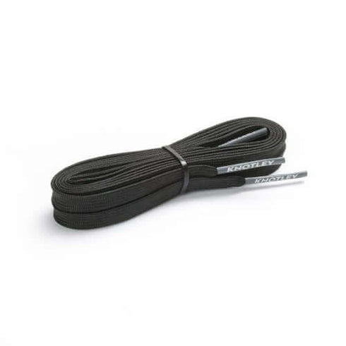 Bundled pair of flat black shoelaces with grey aglets featuring "KNOTLEY" branding, isolated on a white background.