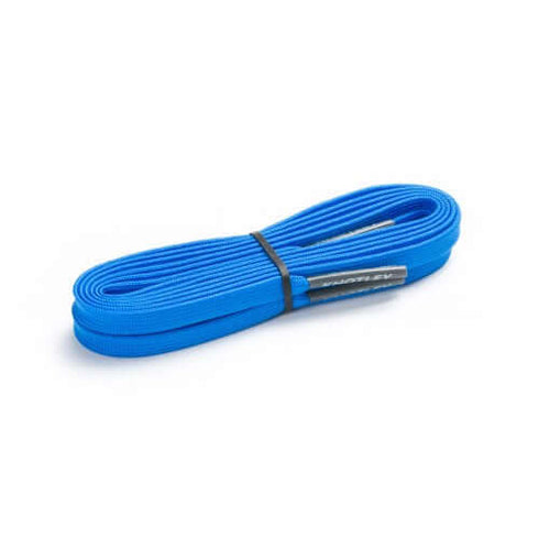 A bundle of flat, bright blue shoelaces held together by a thin black band. The dark grey aglets feature white text, all set against a clean white background.