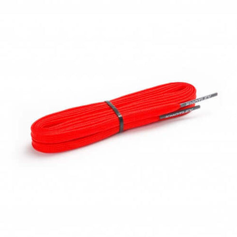 A bundle of bright red flat shoelaces secured with a black tie, featuring black aglets with white branding, shown on a white background.