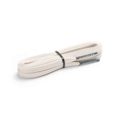 Off-white flat shoelaces bundled with a black tie on a white background. The metallic tips feature "KNOTLEY" branding.
