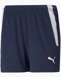 Dark blue Puma athletic shorts with a white logo on the lower left and white side panels. Elastic waistband.