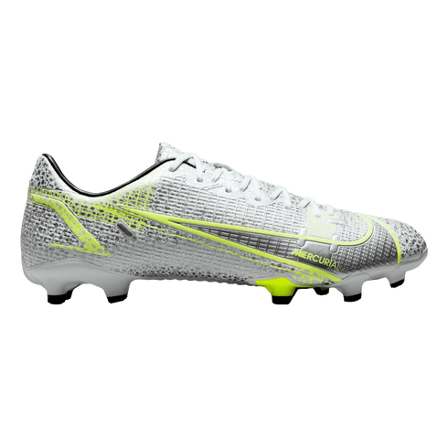 Side profile of a Nike Mercurial soccer cleat in silver and white with neon yellow accents and a textured upper.
