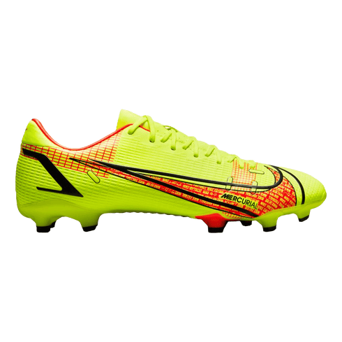 Bright neon yellow Nike Mercurial soccer cleat with a black Swoosh containing red graphics, black studs, and a red interior lining.