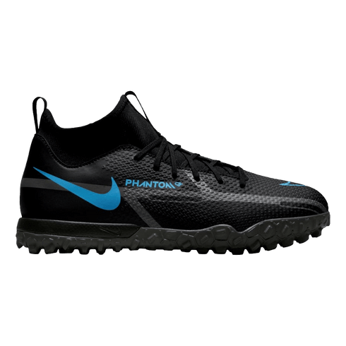 Black Nike Phantom soccer shoe featuring a light blue swoosh, textured upper, mid-cut collar, and a knobby turf outsole.