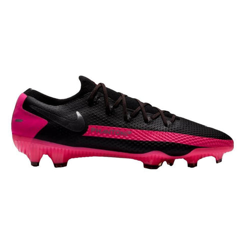 Side view of a black Nike Phantom soccer cleat with bright pink accents on the heel, side stripe, and soleplate.
