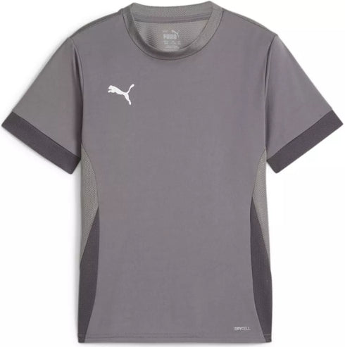 A grey short-sleeved Puma athletic t-shirt with dark grey mesh panels and a white cat logo on the chest.
