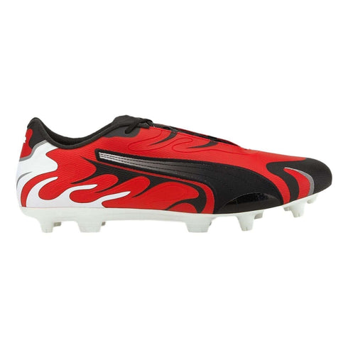 Side profile of a red and black Puma soccer cleat featuring a flame graphic and a white soleplate with studs.