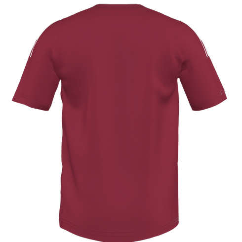 Back view of a maroon short-sleeve t-shirt with thin white stripes along the shoulders.