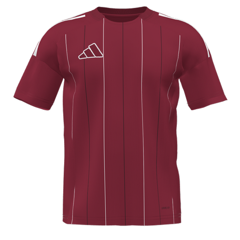 Maroon Adidas sports jersey with vertical white and black pinstripes, featuring a white logo on the chest and white shoulder accents.