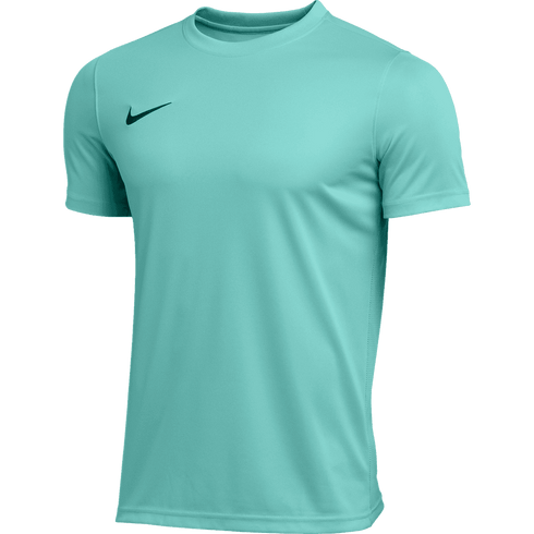 Light turquoise short-sleeve Nike performance t-shirt with a dark green swoosh logo on the left chest.