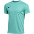 Light turquoise short-sleeve Nike performance t-shirt with a dark green swoosh logo on the left chest.