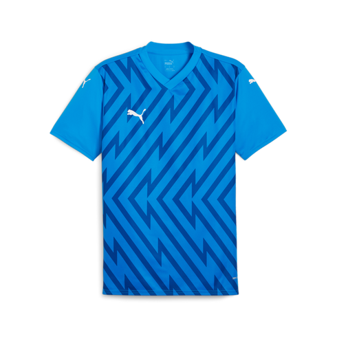 A light blue Puma soccer jersey with a dark blue zigzag geometric print and white brand logos on the chest and sleeves.