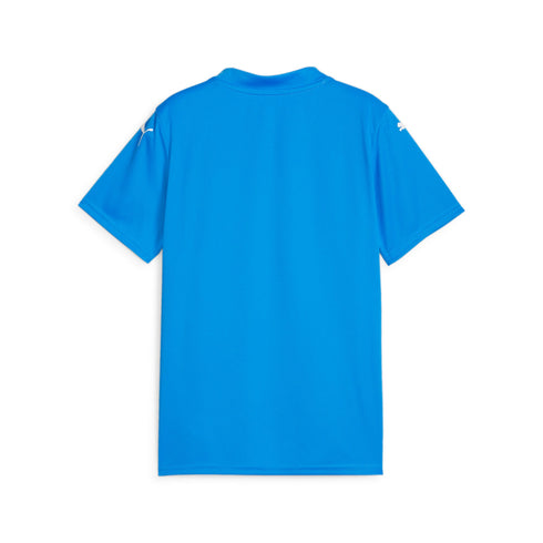 The back view of a bright blue short-sleeved t-shirt featuring white Puma logos on both shoulders, displayed on a plain white background.