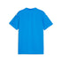 The back view of a bright blue short-sleeved t-shirt featuring white Puma logos on both shoulders, displayed on a plain white background.