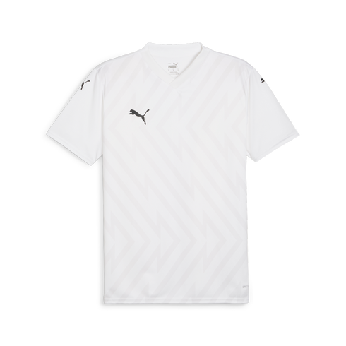 A white short-sleeved Puma jersey with a subtle tonal zig-zag pattern, a V-neck, and black Puma logos on the right chest and both shoulders.