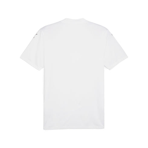 Back view of a white short-sleeve t-shirt with small dark logos on the shoulders, shown against a white background.