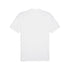 Back view of a white short-sleeve t-shirt with small dark logos on the shoulders, shown against a white background.