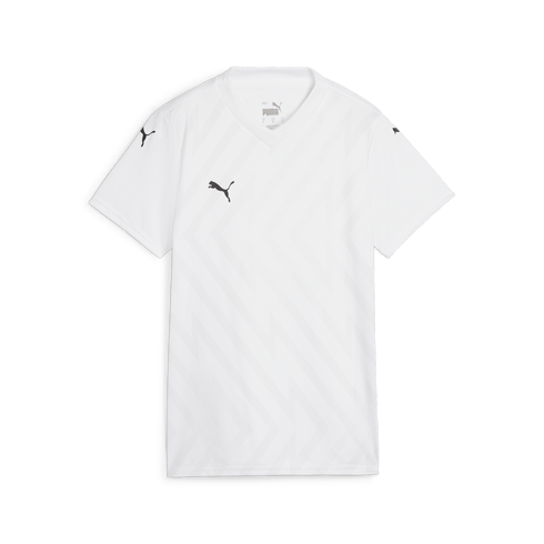 A white short-sleeved Puma soccer jersey with a V-neck, featuring a subtle tonal zigzag pattern and black Puma logos on the chest and sleeves.