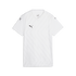 A white short-sleeved Puma soccer jersey with a V-neck, featuring a subtle tonal zigzag pattern and black Puma logos on the chest and sleeves.