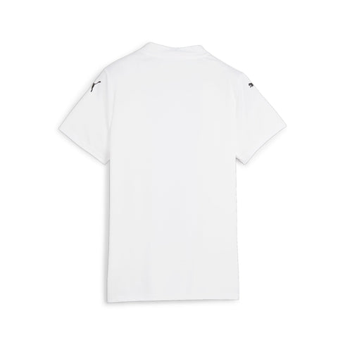 Rear view of a white short-sleeved T-shirt with small black Puma logos on each shoulder, set against a white background.