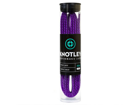 Knotley brand "Purple Haze" performance speed laces in a clear tube. The purple and silver shoelaces are 46 inches (117cm) long.