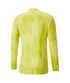 Back view of a long-sleeved, lime-green sports jersey featuring a tonal, pixelated pattern of vertical blocks.