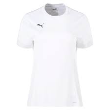 A white short-sleeved Puma t-shirt featuring a crew neck and a small black cat logo on the upper chest.