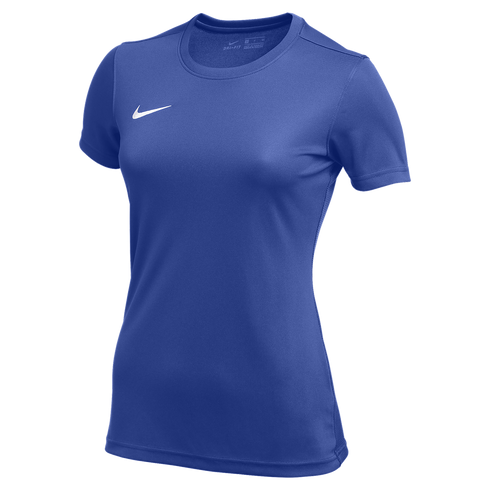 A royal blue Nike women's crew neck athletic t-shirt with a white swoosh logo on the left chest.
