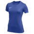 A royal blue Nike women's crew neck athletic t-shirt with a white swoosh logo on the left chest.