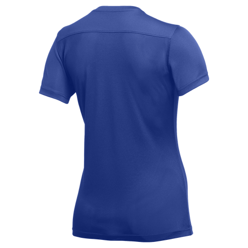 Back view of a royal blue short-sleeved athletic shirt with a breathable mesh texture, featuring a horizontal yoke across the shoulders and a classic crew neck.