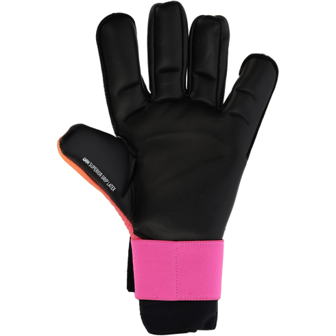 A black goalkeeper glove with a pink wrist strap and orange accents. The thumb features the text "4MM SUPERIOR GRIP LATEX".