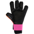 A black goalkeeper glove with a pink wrist strap and orange accents. The thumb features the text "4MM SUPERIOR GRIP LATEX".